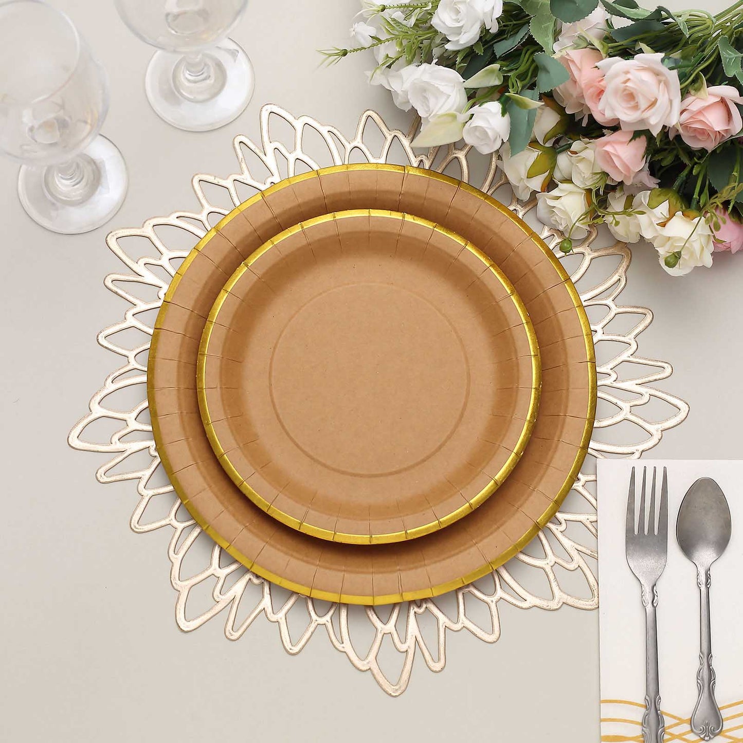 25 Pack Of Natural Kraft Feet Paper Dessert Plates With Gold Lined Rim