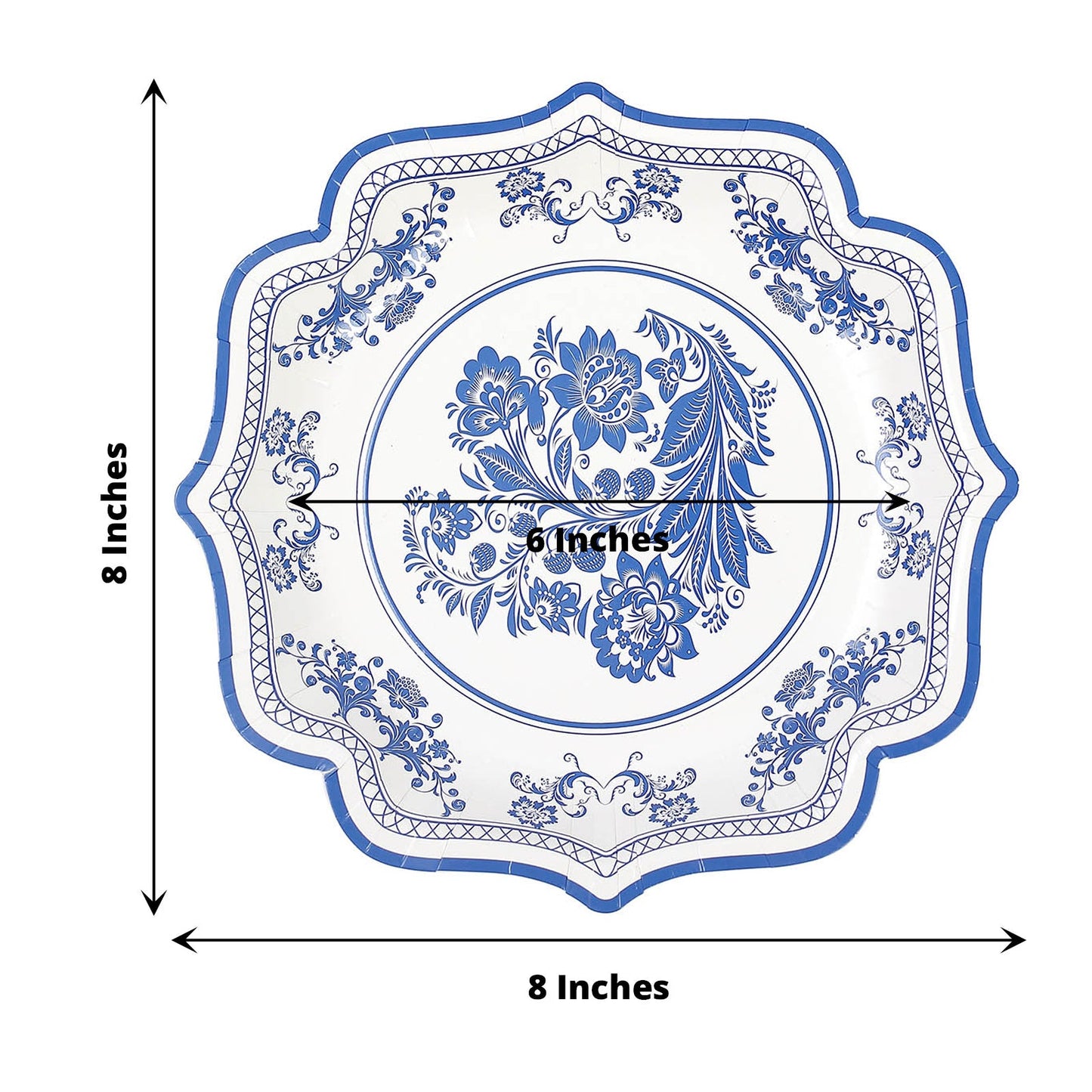 25 Pack | 8inch White / Blue Chinoiserie Floral Print Paper Dessert Plates With Scalloped Rims