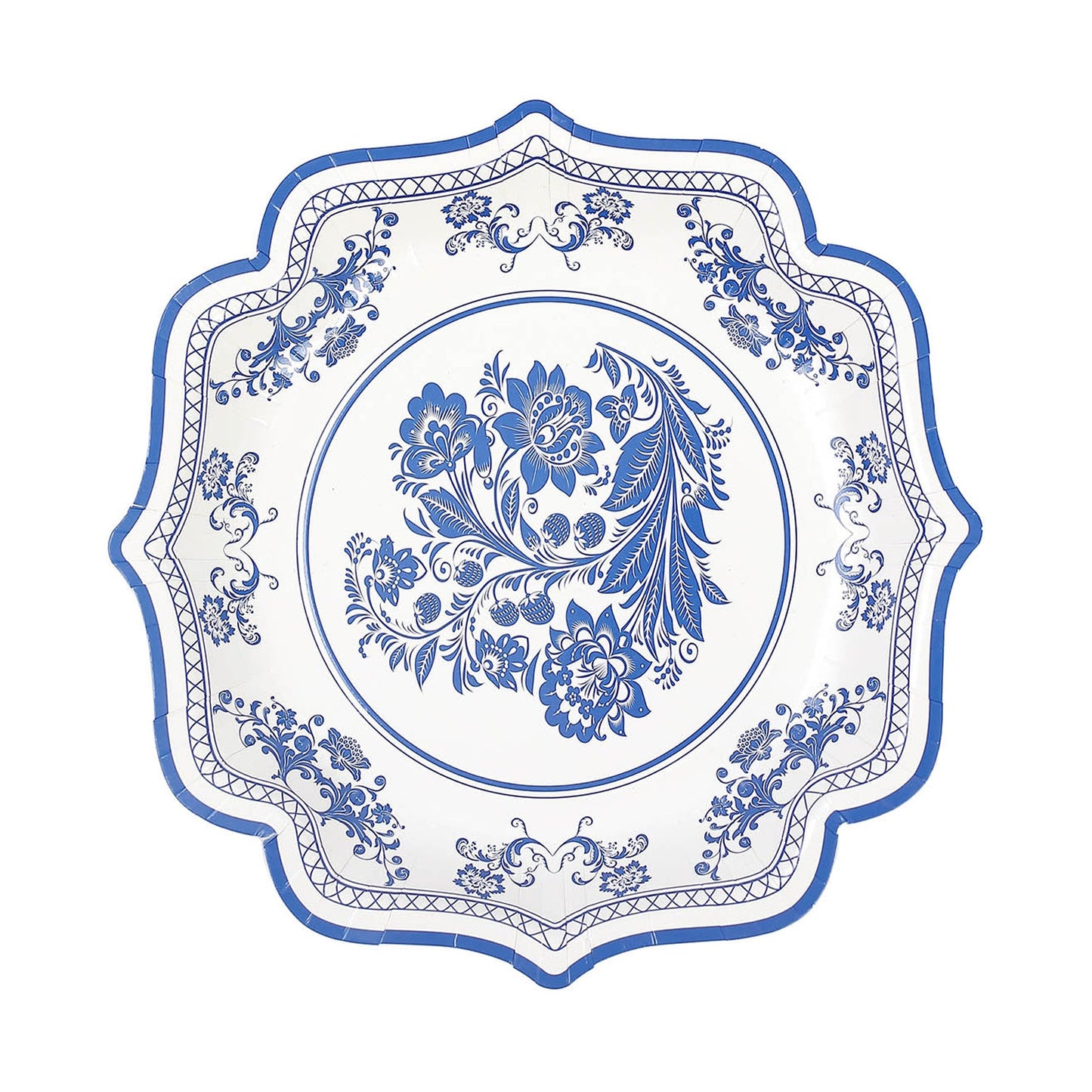 25 Pack | 8inch White / Blue Chinoiserie Floral Paper Dessert Plates With Scalloped Rims#whtbkgd