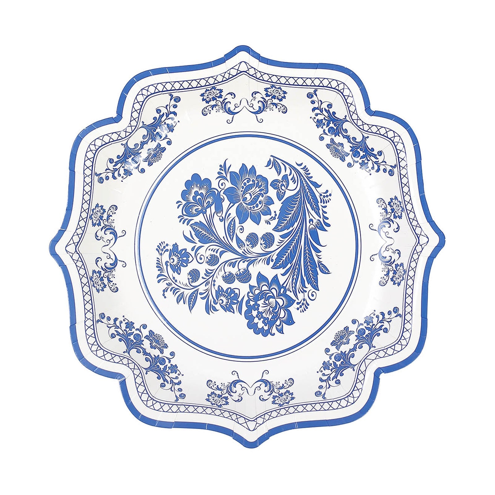 25 Pack | 8inch White / Blue Chinoiserie Floral Paper Dessert Plates With Scalloped Rims#whtbkgd