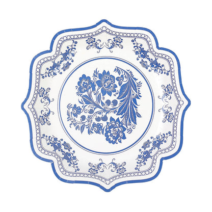 25 Pack | 8inch White / Blue Chinoiserie Floral Paper Dessert Plates With Scalloped Rims#whtbkgd