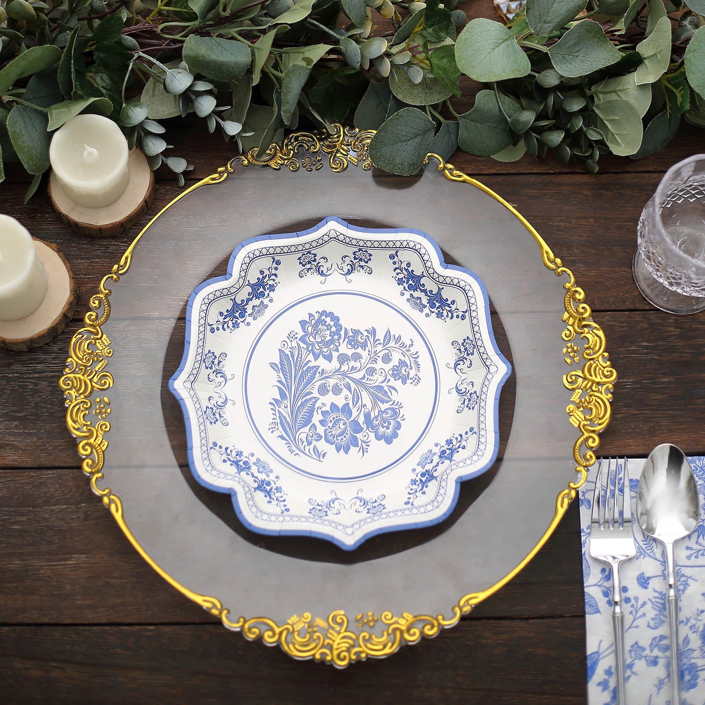 25 Pack | 8inch White / Blue Chinoiserie Floral Print Paper Dessert Plates With Scalloped Rims