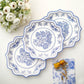 25 Pack Disposable Dessert Plates in White Royal Blue Damask Floral Pattern, 8" Salad Appetizer Paper Plates with Scalloped Rims - 300 GSM