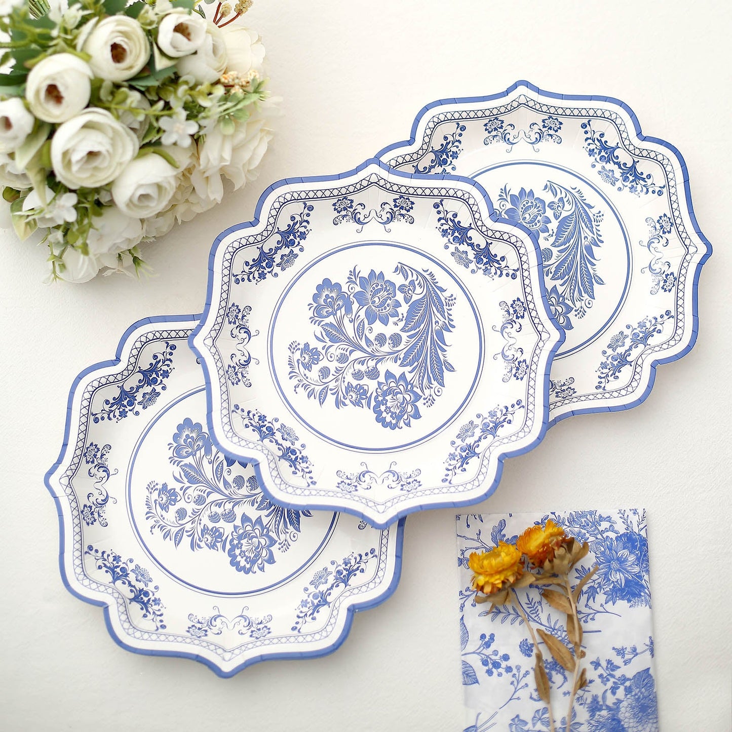 25 Pack Disposable Dessert Plates in White Royal Blue Damask Floral Pattern, 8" Salad Appetizer Paper Plates with Scalloped Rims - 300 GSM