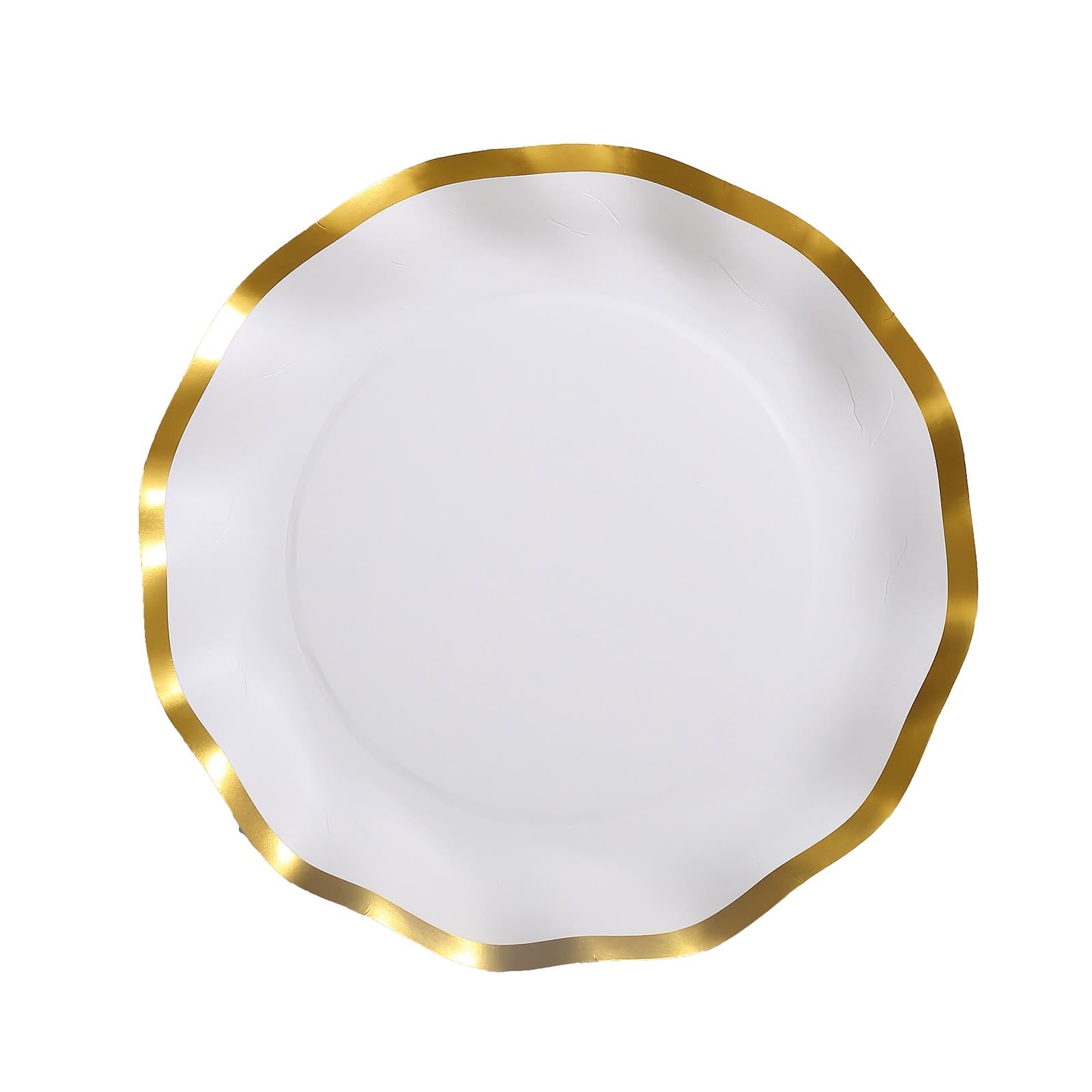 25 Pack | 10inch Matte White / Gold Wavy Rim Paper Dinner Plates, Round Party Plates#whtbkgd
