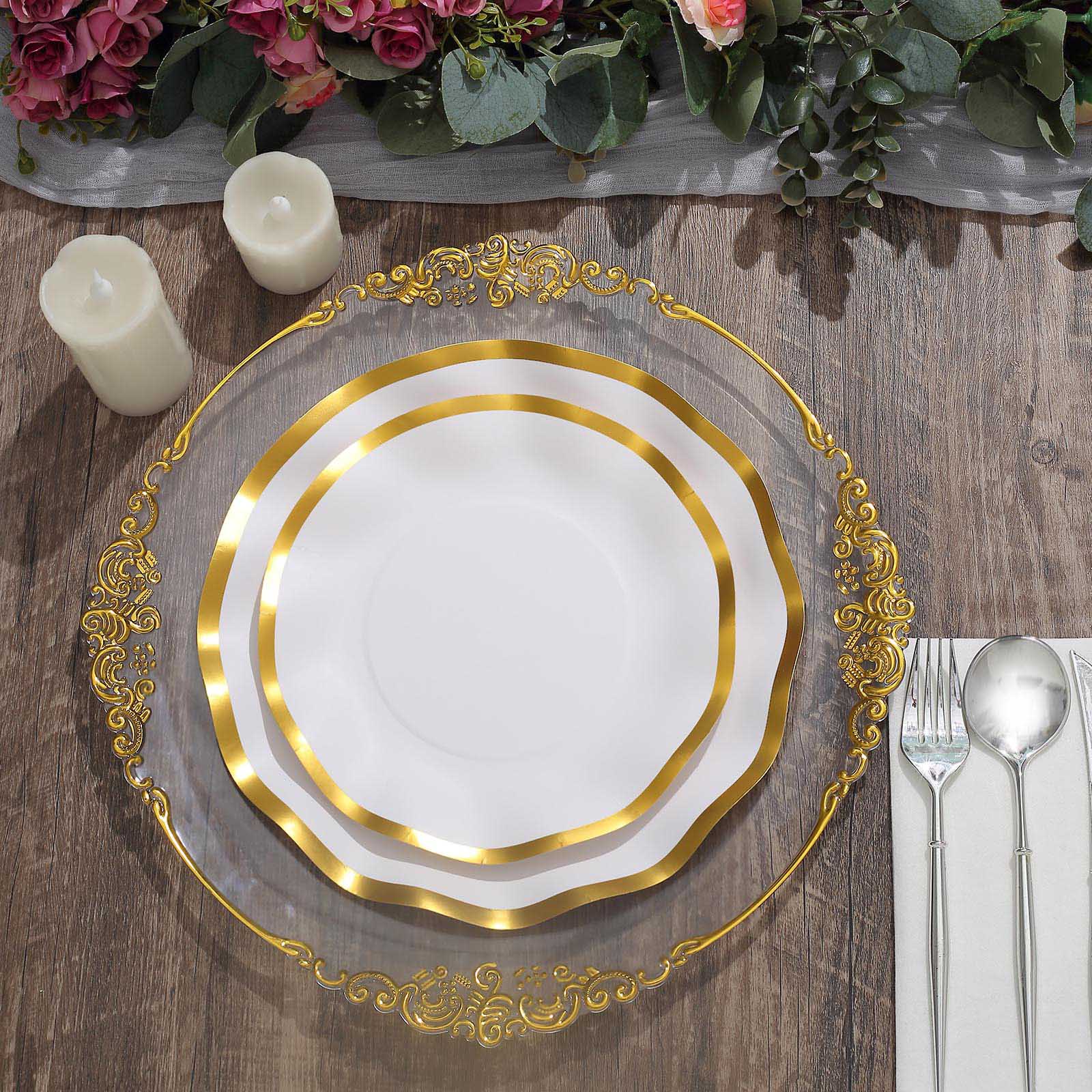 25 Pack | 10inch Matte White / Gold Wavy Rim Paper Dinner Plates, Disposable Round Party Plates