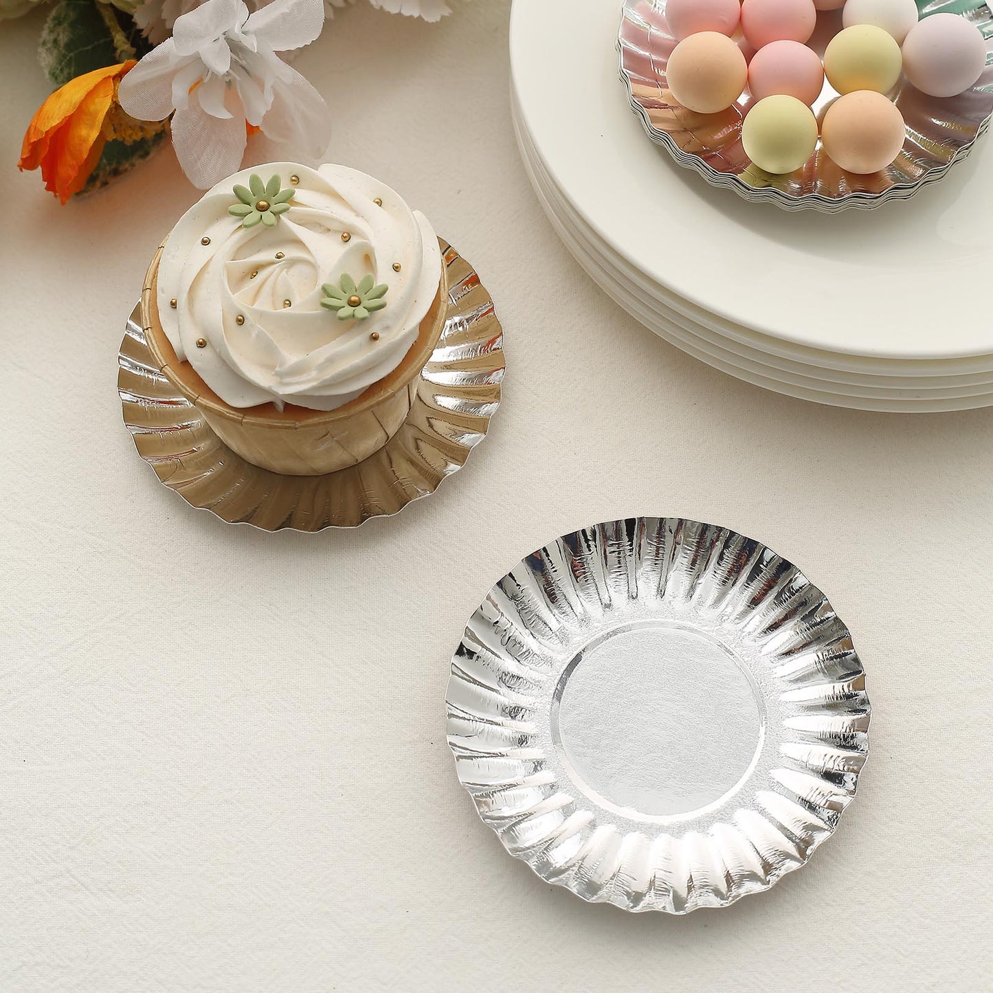 50 Pack | 3.5" Metallic Silver Scalloped Rim Mini Paper Dessert Plates, Disposable Round Tapas Party Plates - 250 GSM