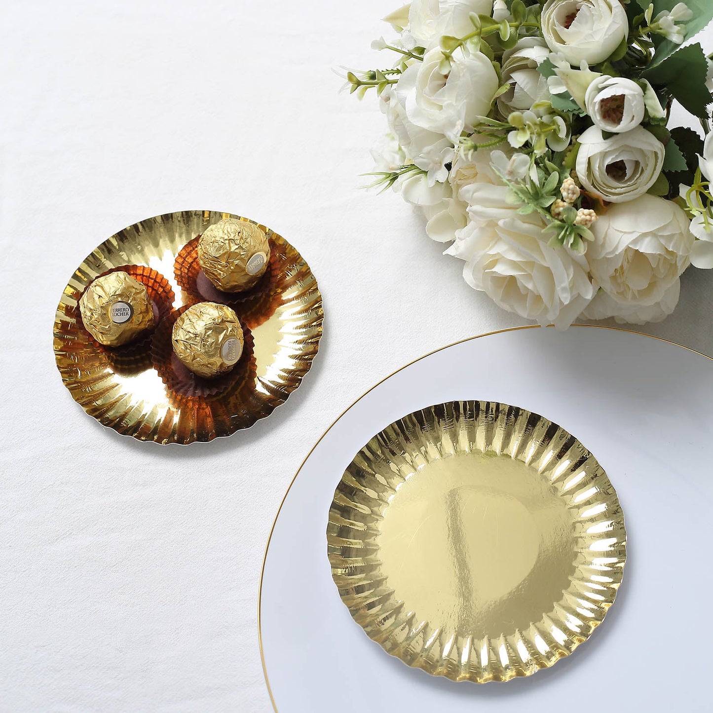 50 Pack | 5inch Metallic Gold Scalloped Rim Mini Paper Dessert Plates, Disposable Round Tapas