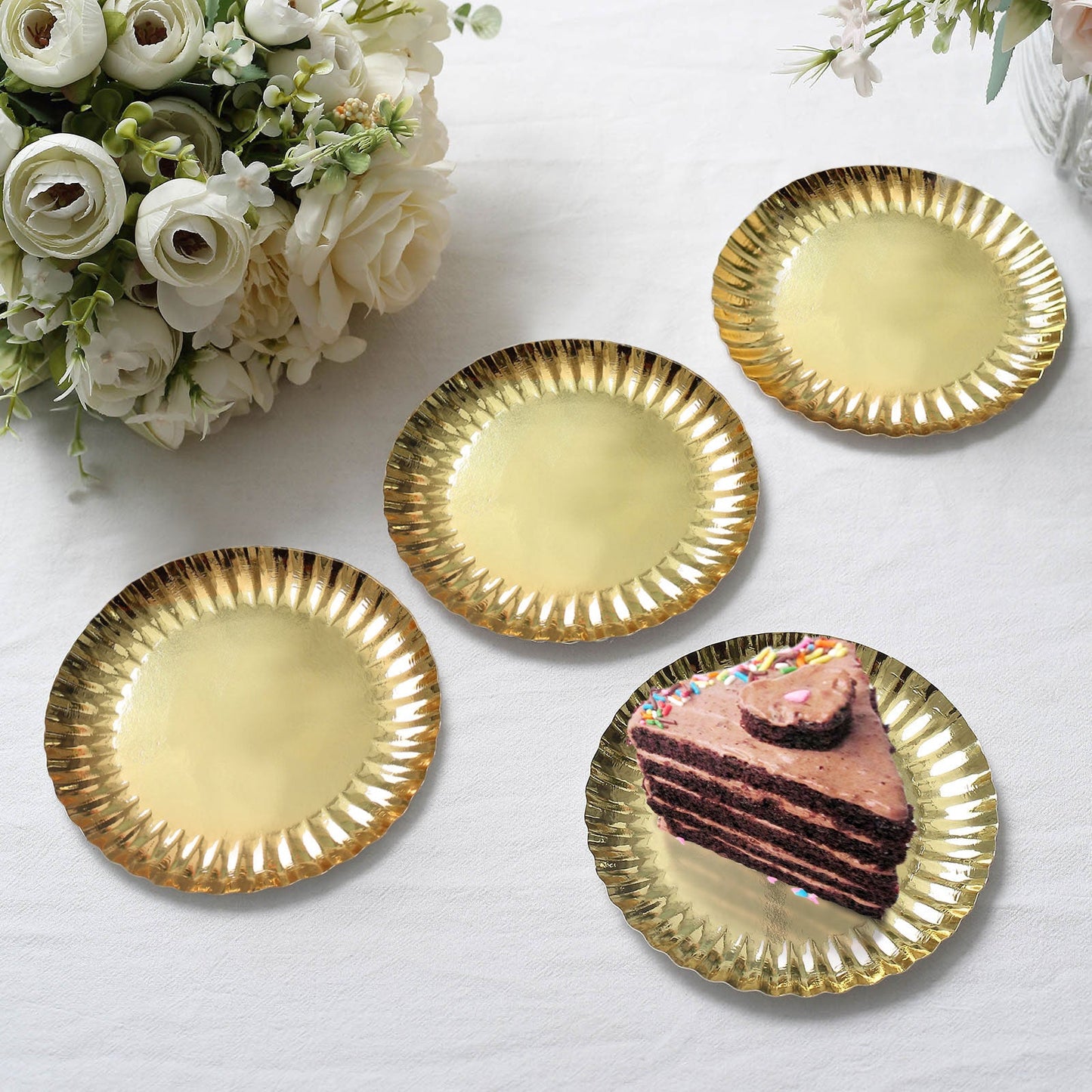 50 Pack | 5inch Metallic Gold Scalloped Rim Mini Paper Dessert Plates, Disposable Round Tapas