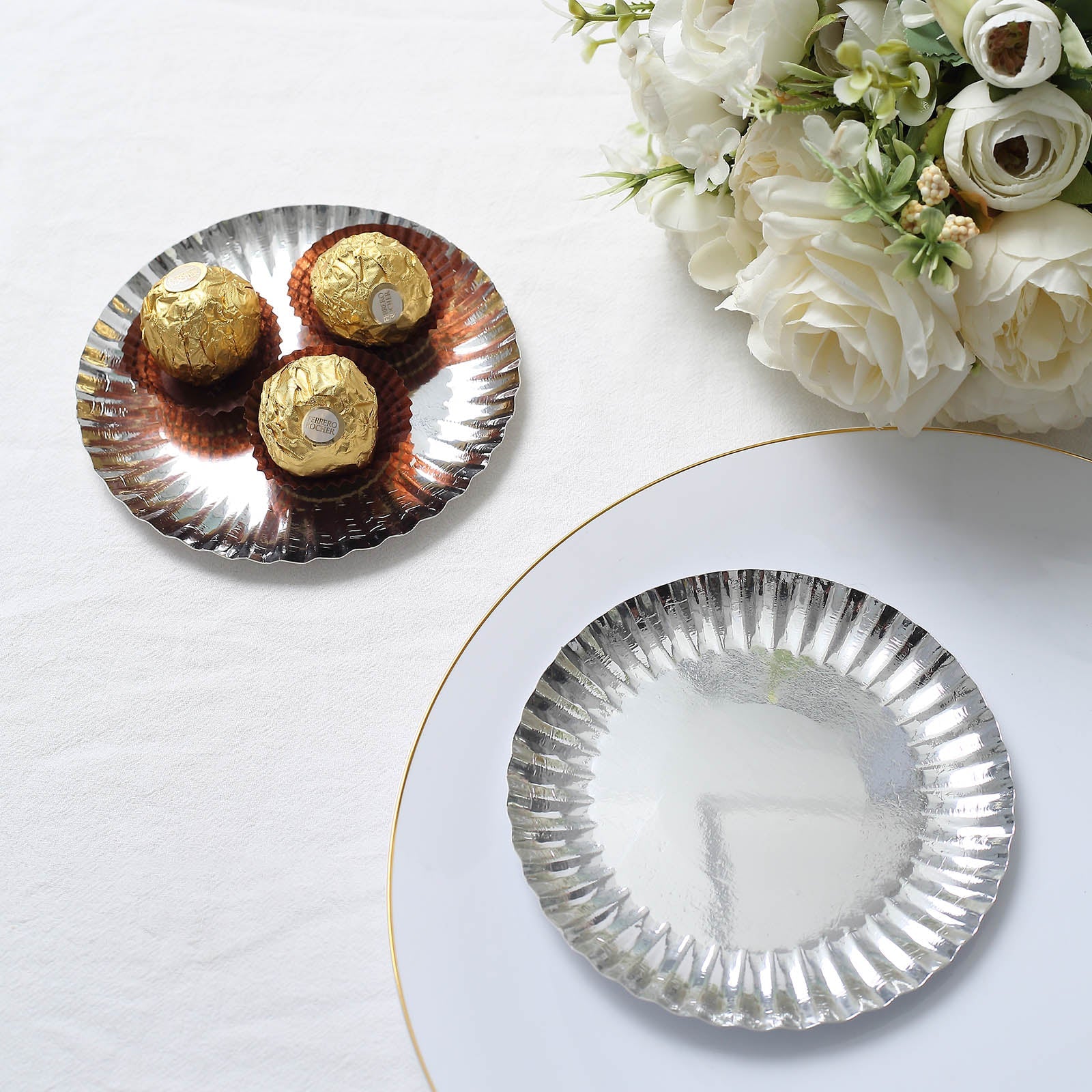 50 Pack | 5inch Metallic Silver Scalloped Rim Mini Paper Dessert Plates, Disposable Round Tapas