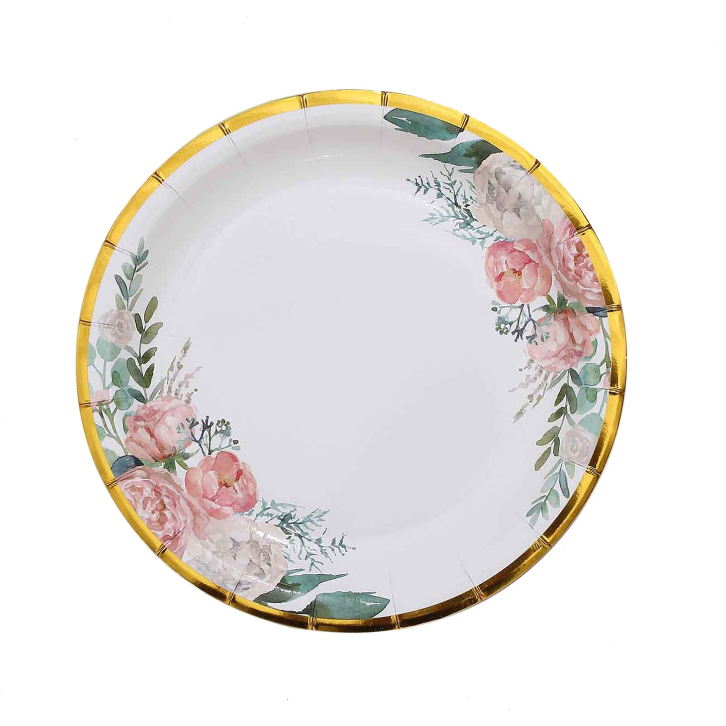 White Floral Designed Round Paper Plates With Gold Rim In 7 Inch Size#whtbkgd