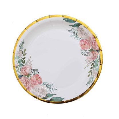 White Floral Designed Round Paper Plates With Gold Rim In 7 Inch Size#whtbkgd