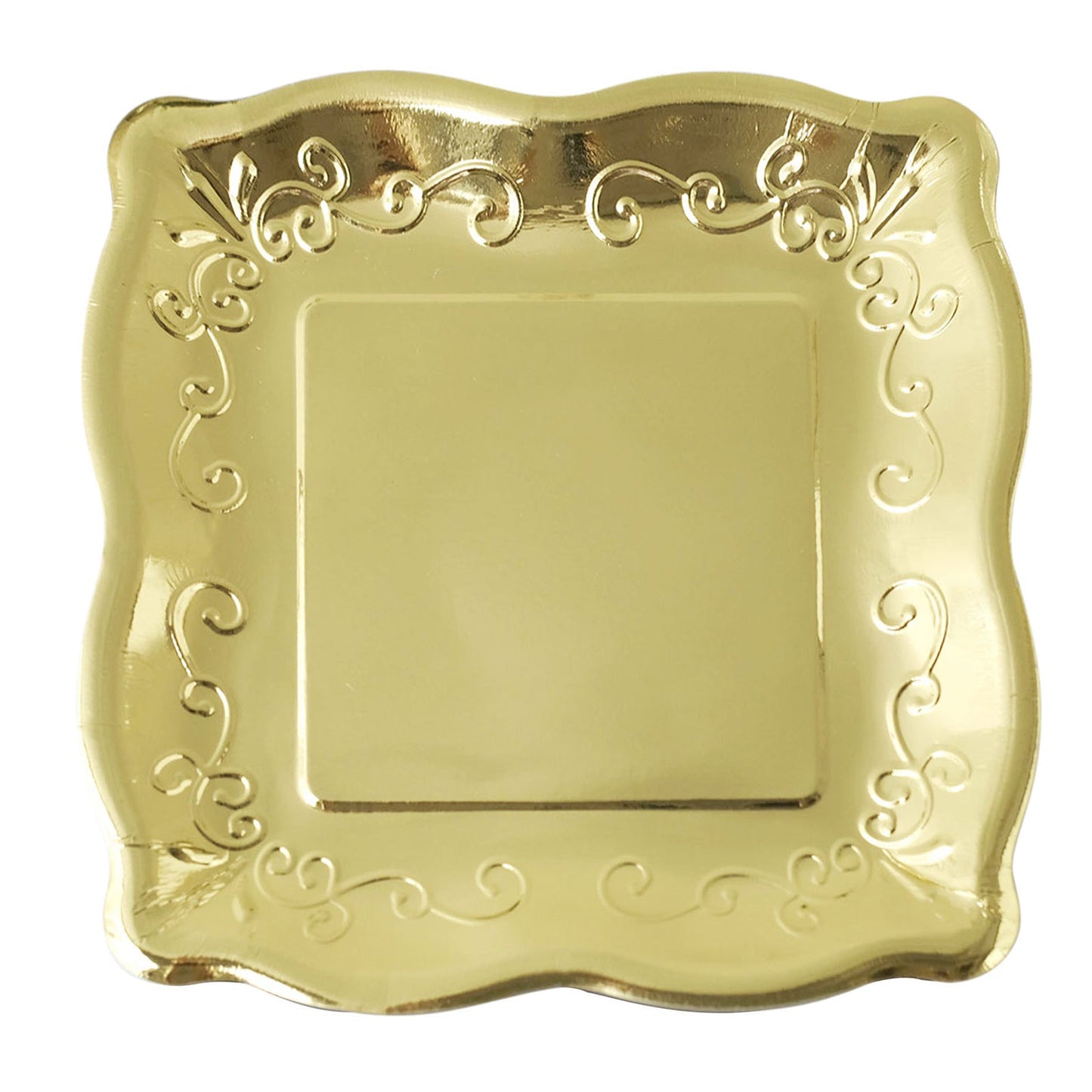 Gold vintage square dinner plate with embossed scroll design.