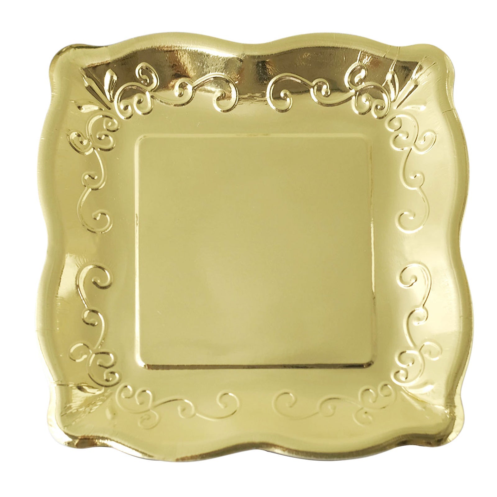 Gold vintage square dinner plate with embossed scroll design.