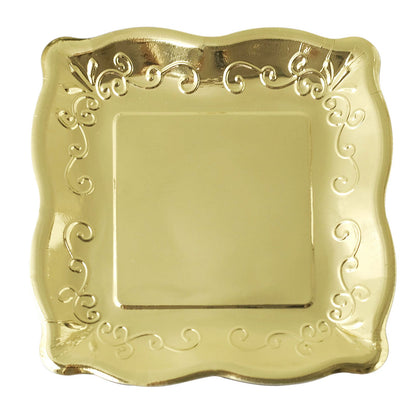 Gold vintage square dinner plate with embossed scroll design.