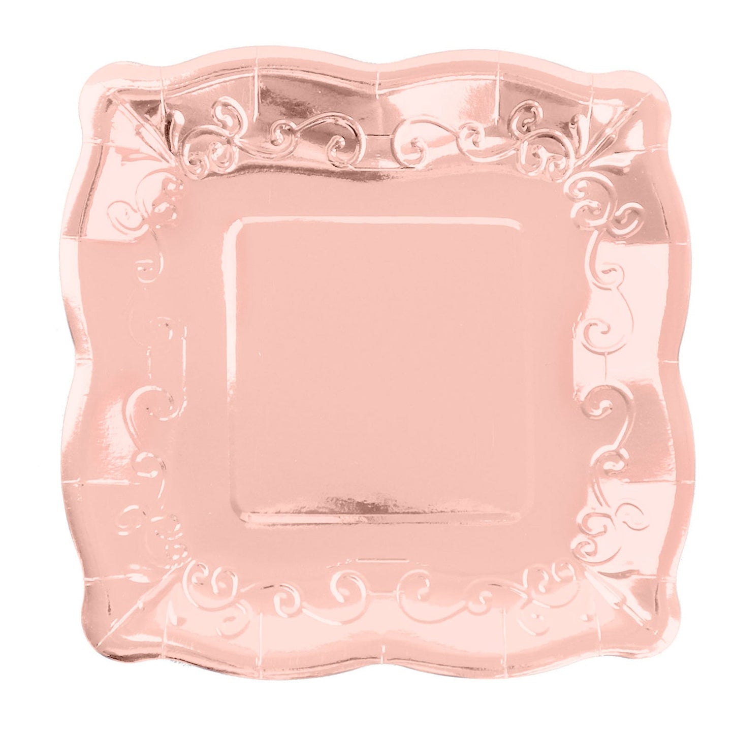 Rose gold vintage square paper dinner plate with embossed scroll design.