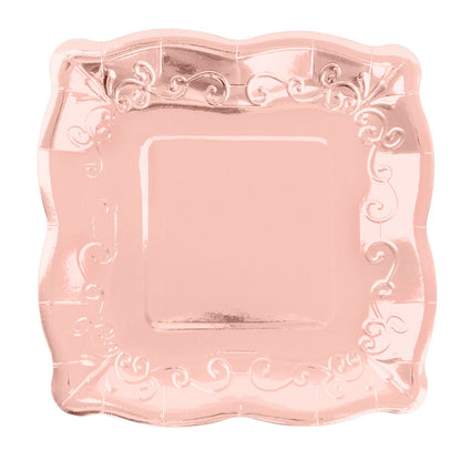 Rose gold vintage square paper dinner plate with embossed scroll design.