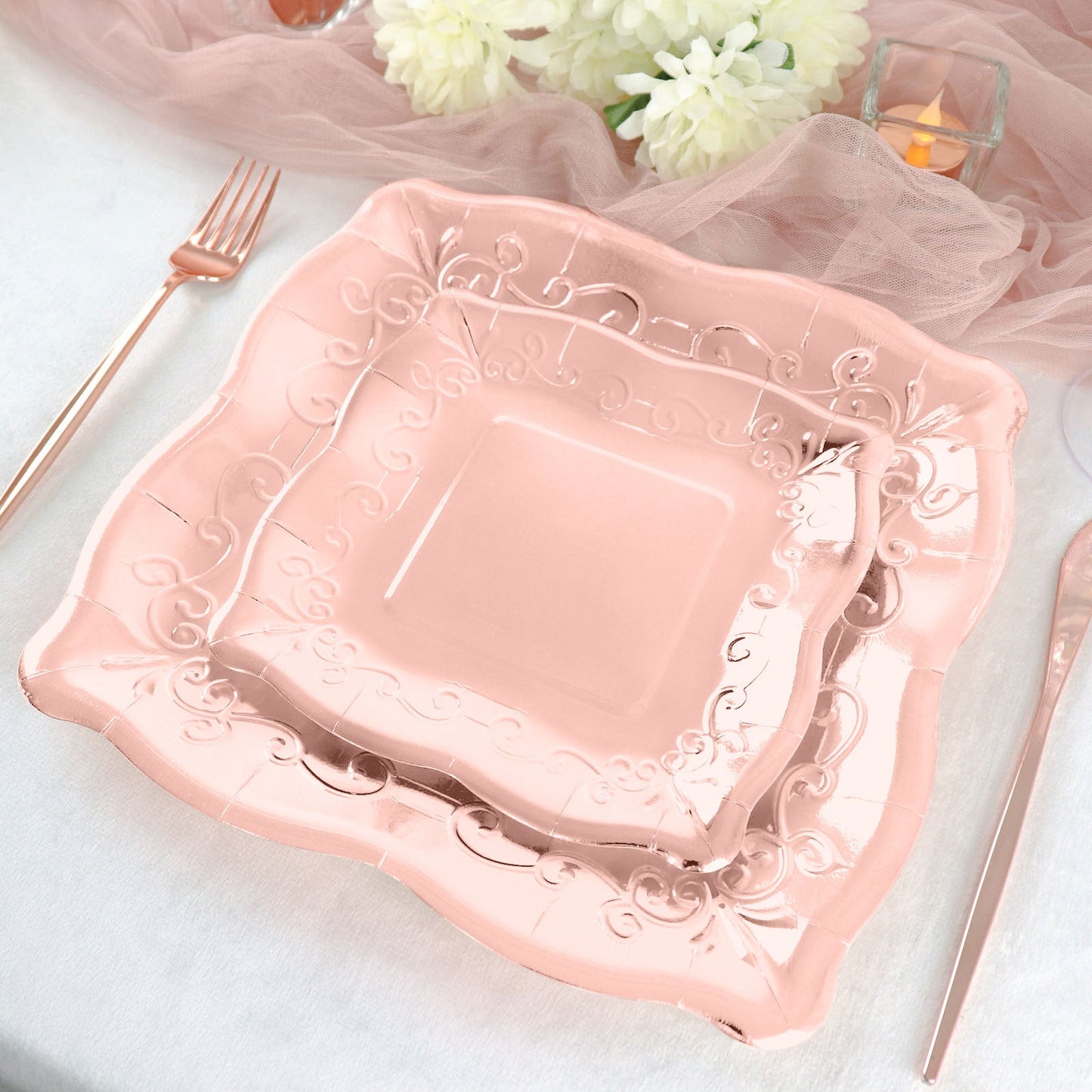 Rose gold vintage square dinner plates with embossed scroll design.