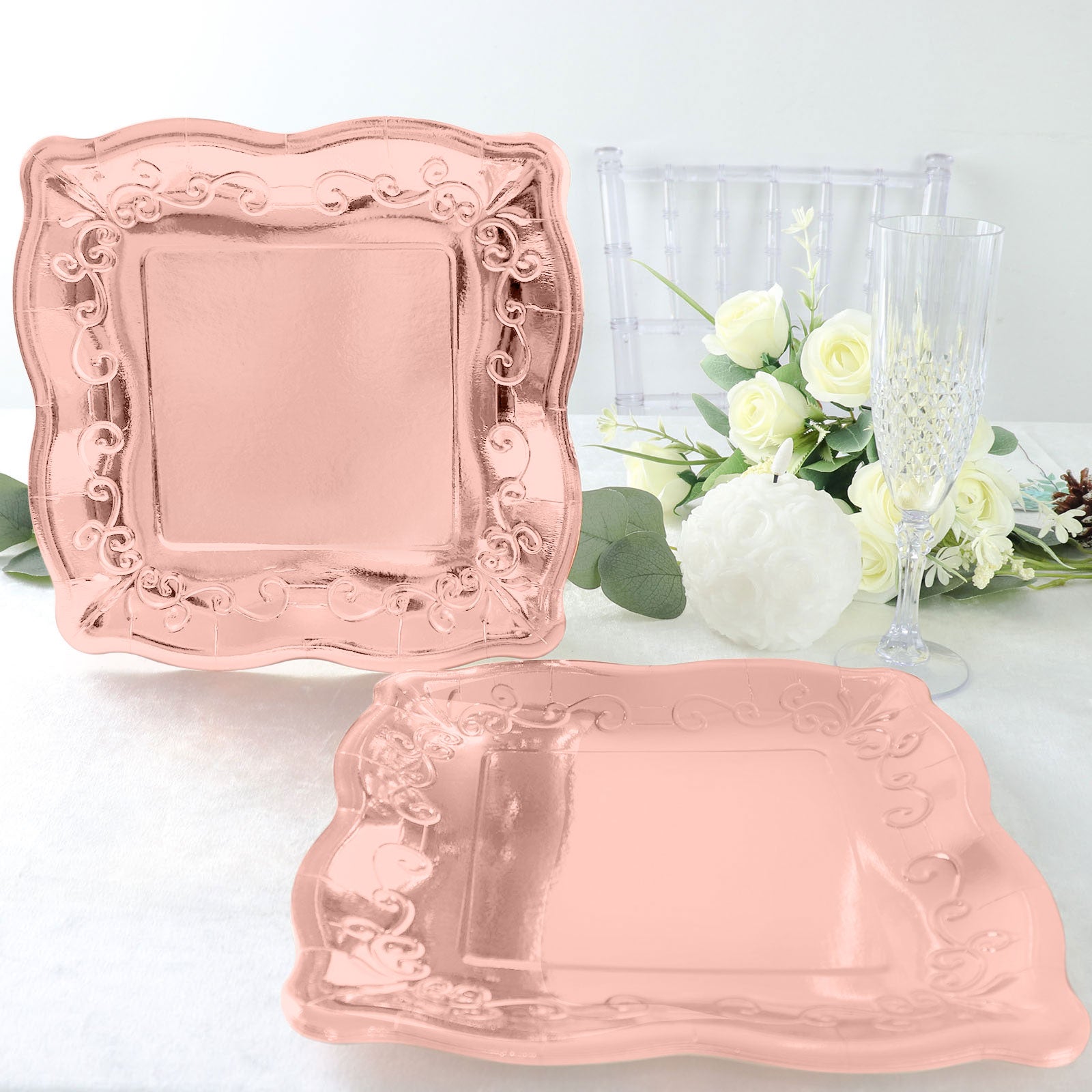 Rose gold square vintage dinner plates with embossed scroll design.