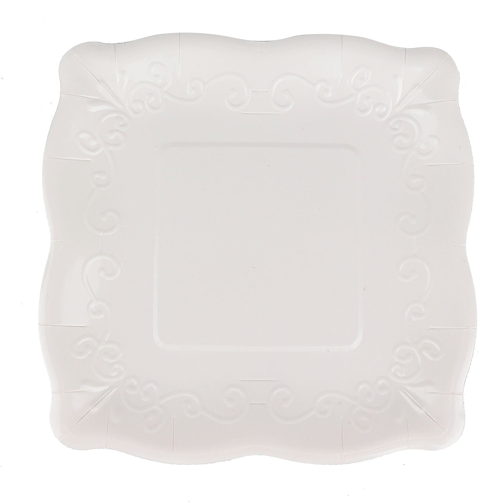 White vintage square dinner plate with embossed scroll design.