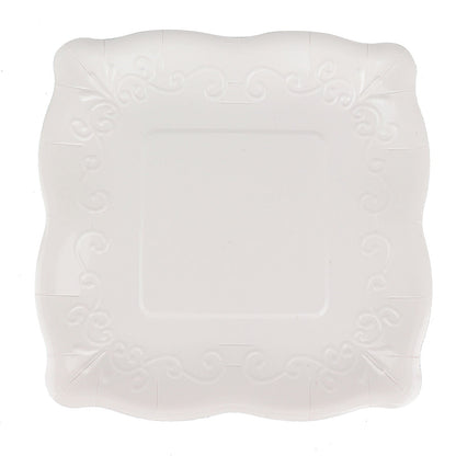 White vintage square dinner plate with embossed scroll design.
