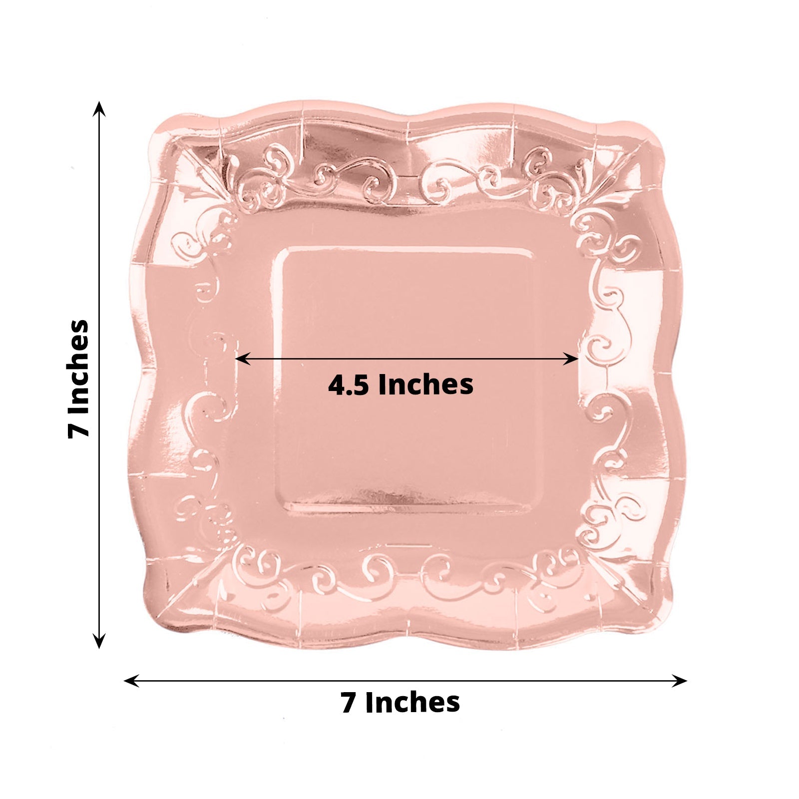 Rose gold square vintage appetizer plates with embossed scroll design.