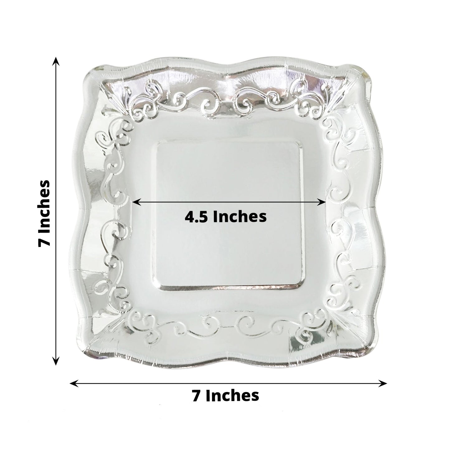 Silver vintage 7" square appetizer dessert paper plates with embossed scroll design.