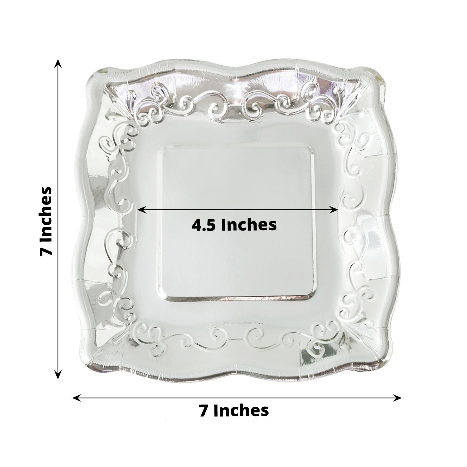 Silver vintage 7" square appetizer dessert paper plates with embossed scroll design.