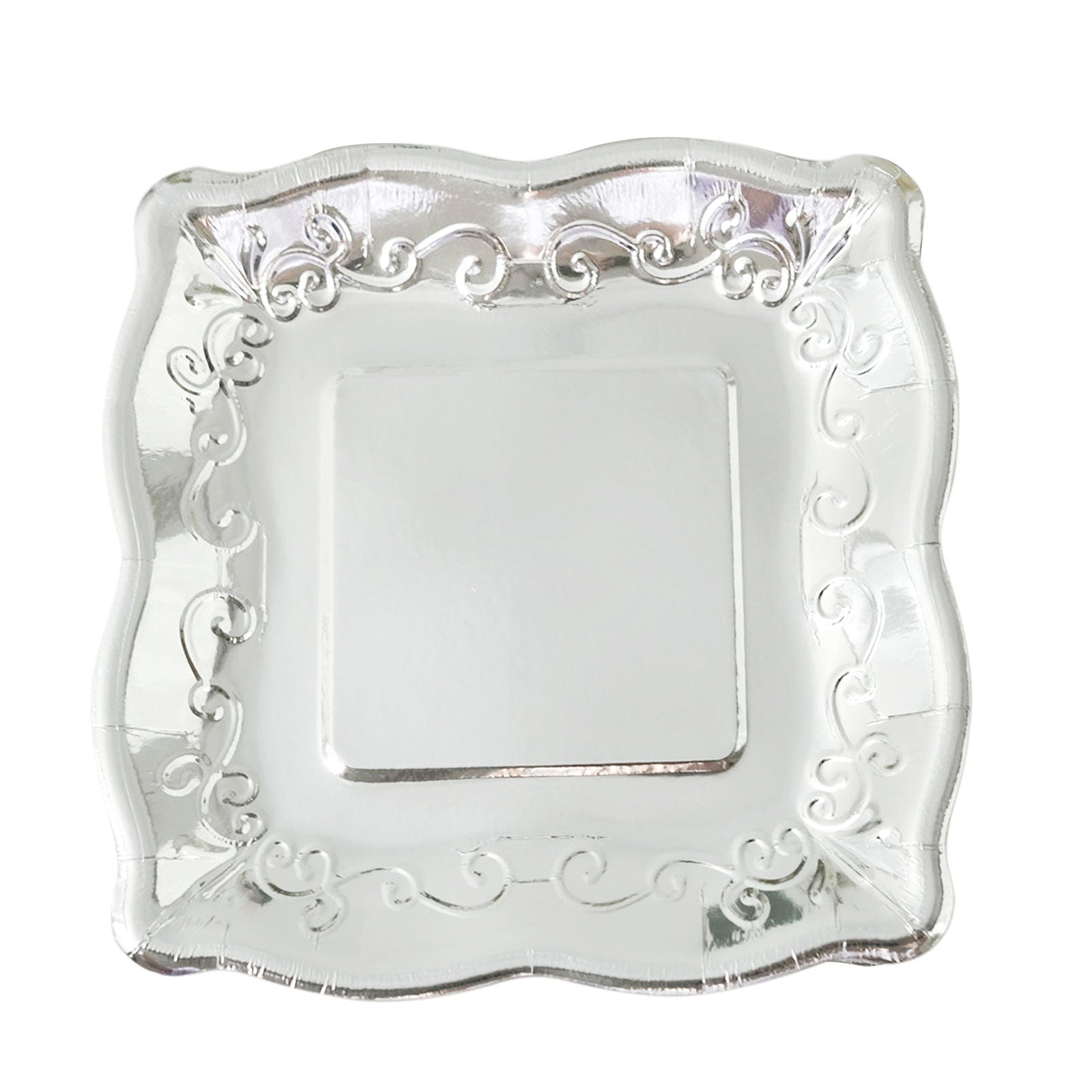 Silver vintage 7" square appetizer dessert paper plates with embossed scroll design.
