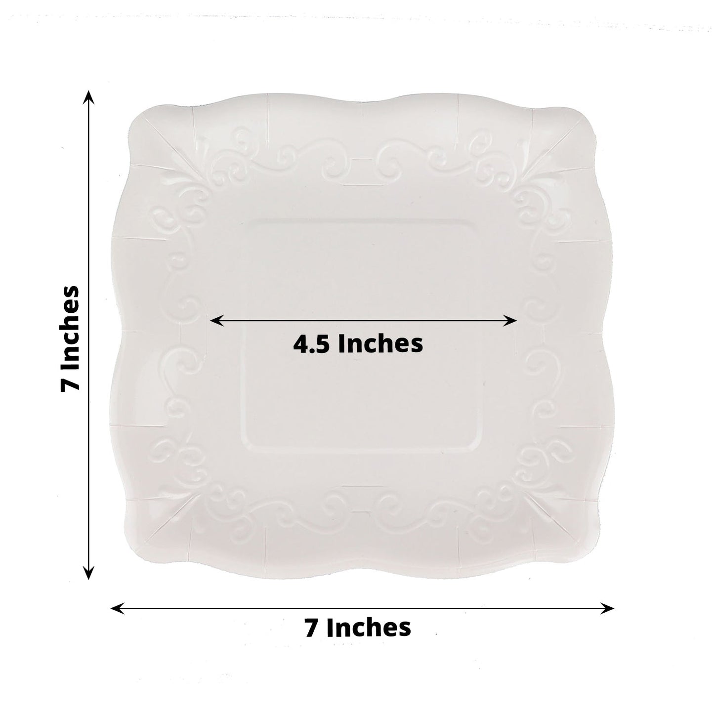 White 7" square vintage appetizer dessert paper plate with embossed scroll design.