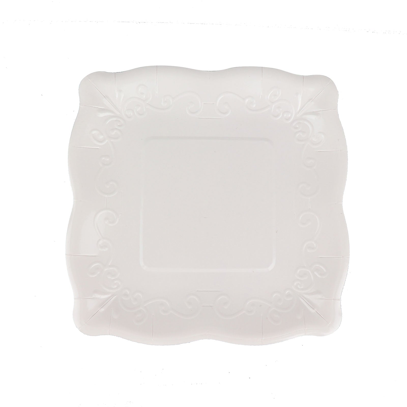 White vintage 7" square appetizer dessert plate with embossed scroll design.