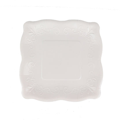 White vintage 7" square appetizer dessert plate with embossed scroll design.