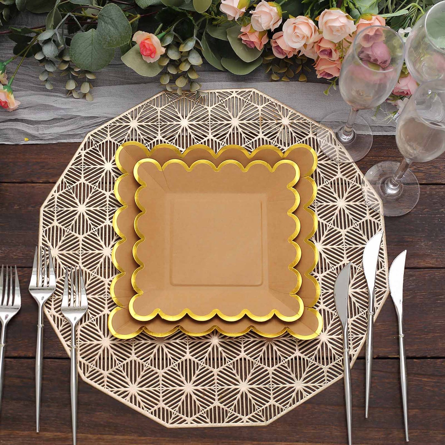 Scalloped Gold Rim Dessert Plates Kraft Feet Paper 25 Pack Natural 7 Inch
