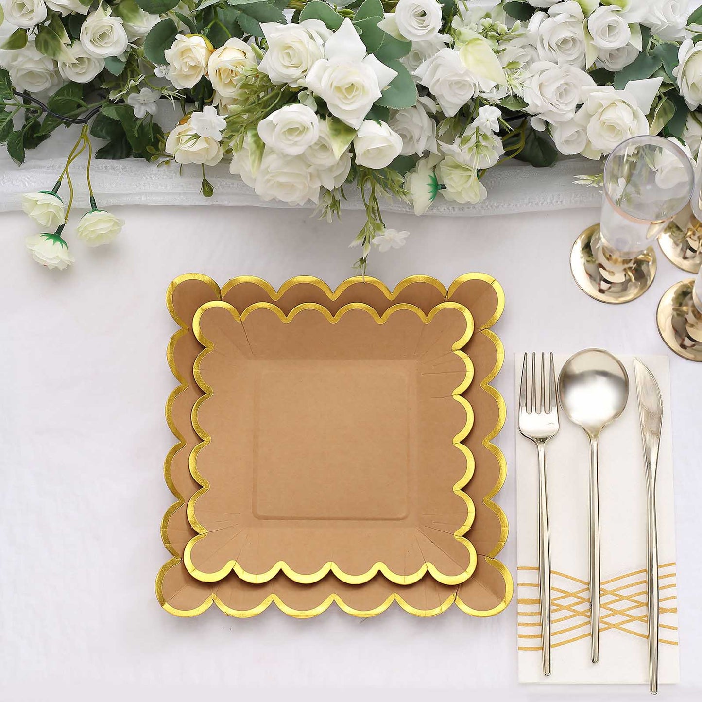 25 Pack | 7" Square Natural Brown Paper Salad Plates With Gold Scalloped Rim, Disposable Dessert Appetizer Party Plates