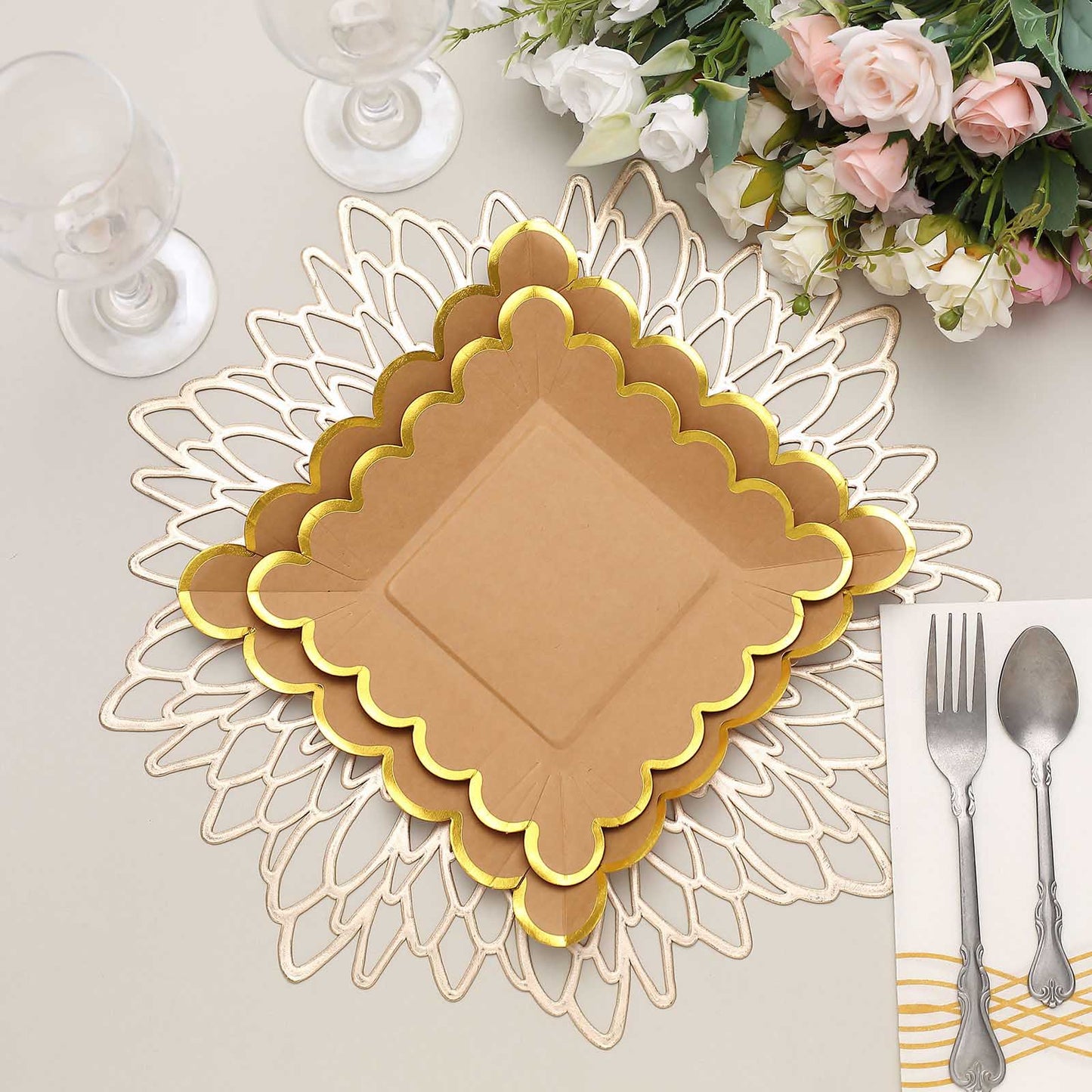 7 Inch Dessert Plates Natural Kraft Feet Paper 25 Pack Gold Rim Scalloped