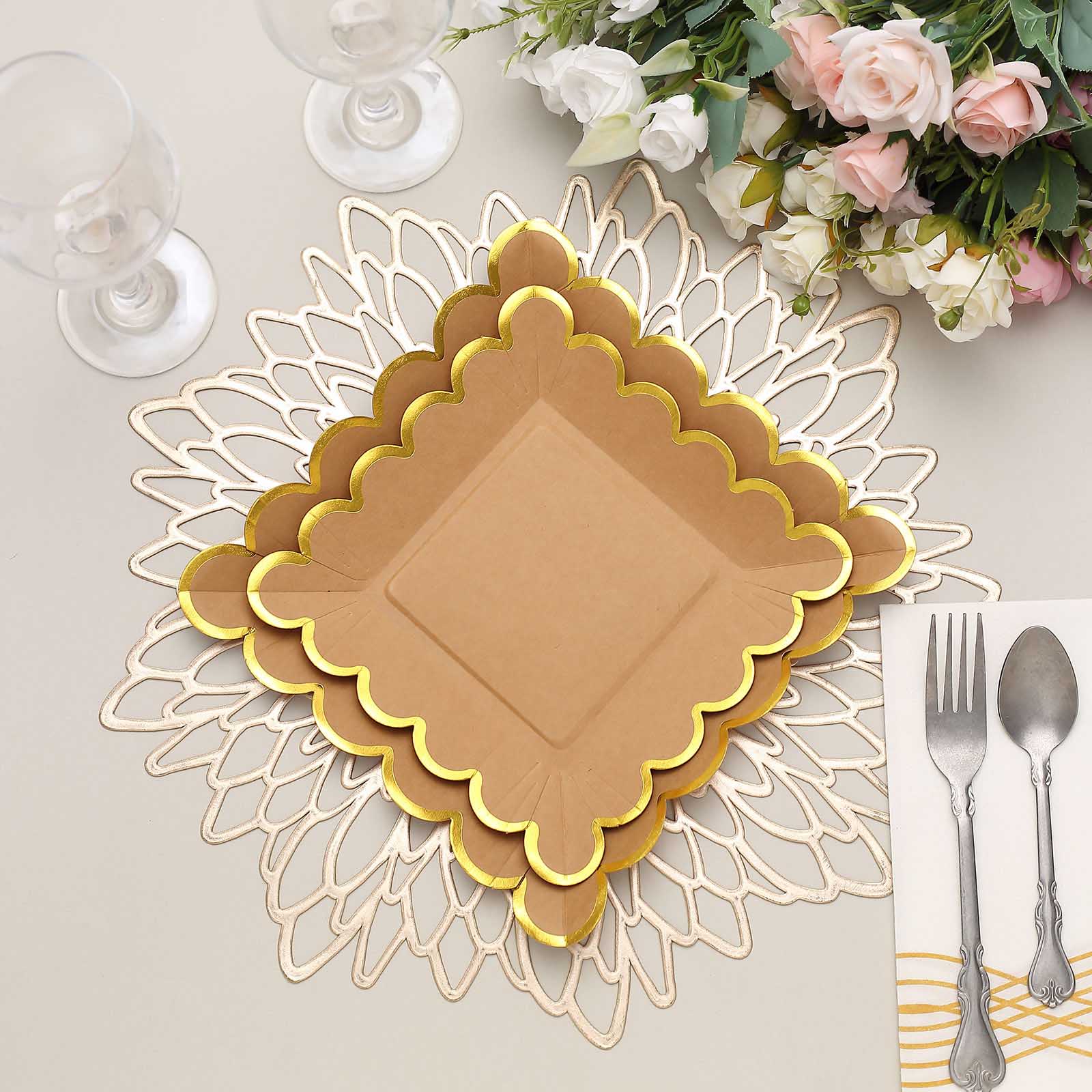 7 Inch Dessert Plates Natural Kraft Feet Paper 25 Pack Gold Rim Scalloped