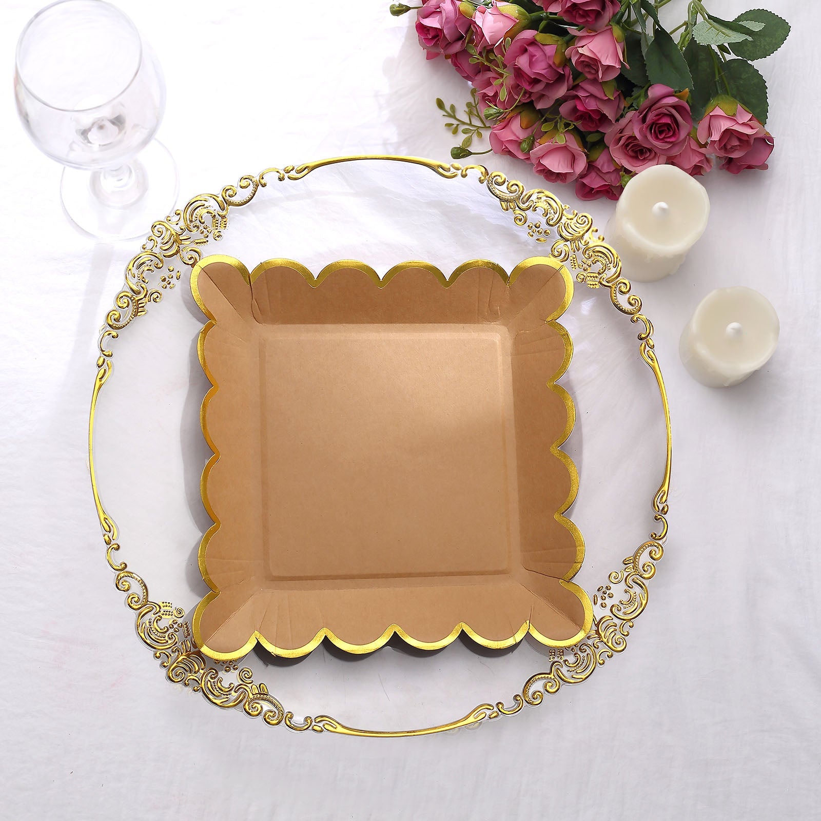 9 Inch Dessert Plates Natural Kraft Feel Paper 25 Pack Gold Rim Scalloped