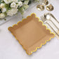 25 Pack | 9" Square Natural Brown Paper Dinner Plates With Gold Scalloped Rim, Disposable Party Plates