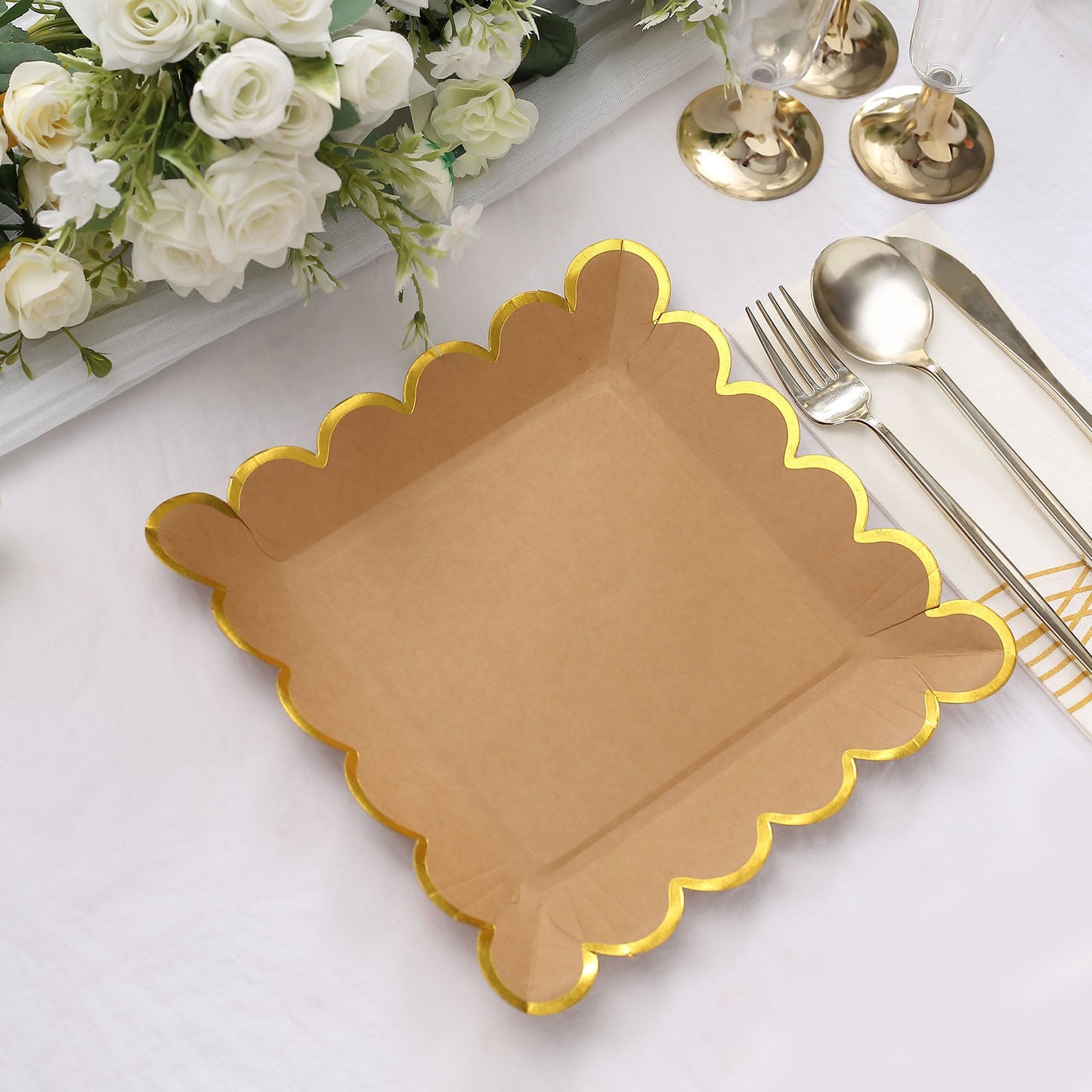 25 Pack | 9" Square Natural Brown Paper Dinner Plates With Gold Scalloped Rim, Disposable Party Plates