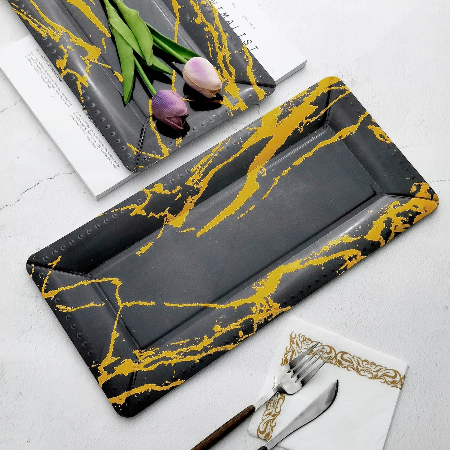 Black and gold marble heavy duty paper serving trays, 16 inches, pack of 10.