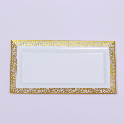 Pack of 4 Rectangular Gold and White 14 Inch Lace Print Plastic Serving Trays