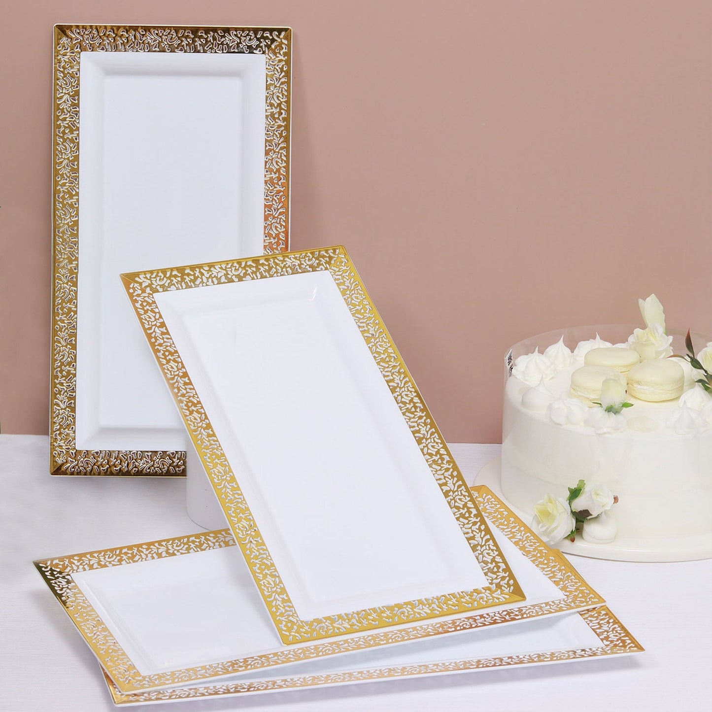 Gold and White 14 Inch Lace Print Design Plastic Rectangular Serving Trays 4 Pack 