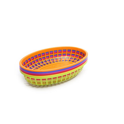 Colorful oval plastic food baskets with wax paper liners.