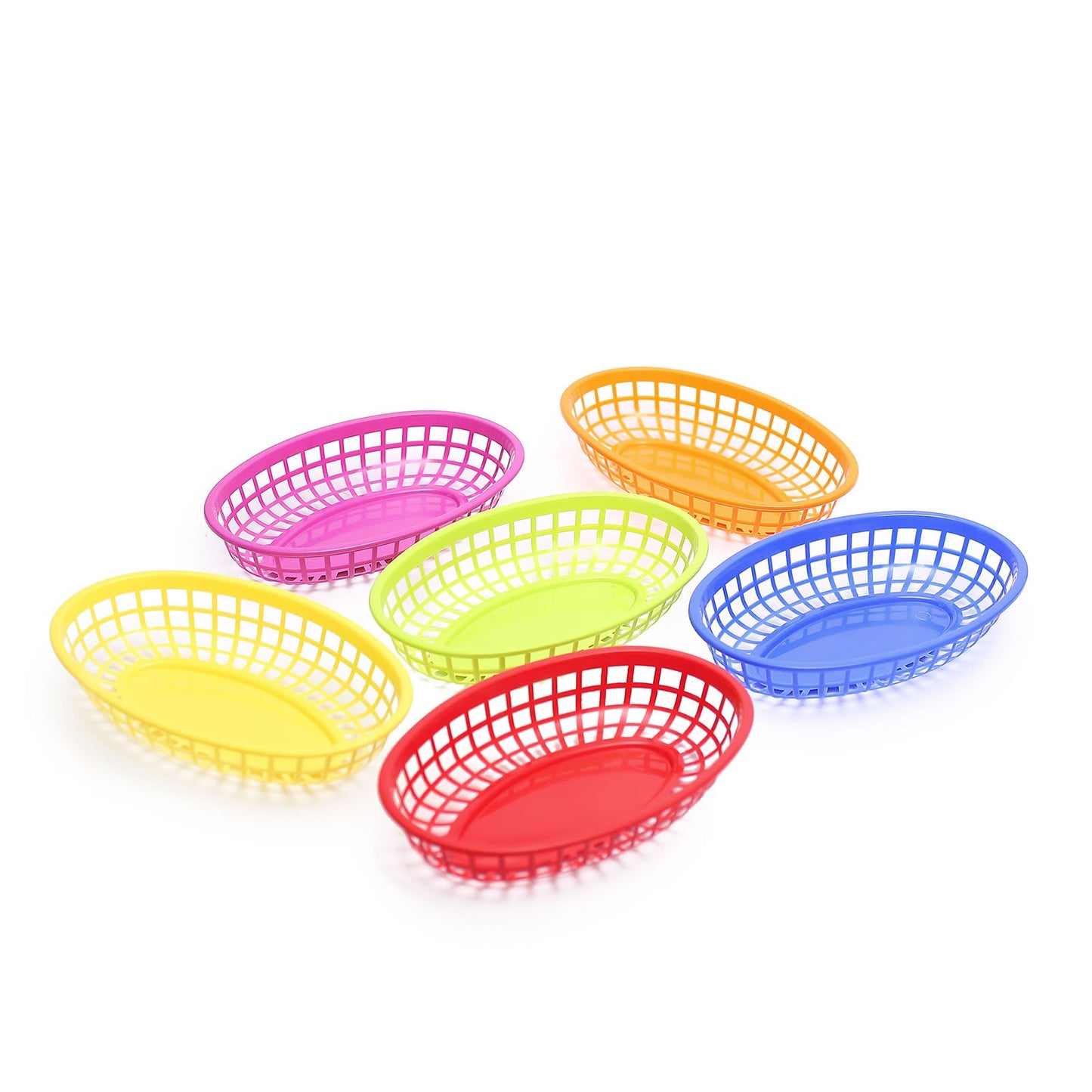 Colorful oval plastic food baskets in six vibrant shades with liners.