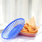 Colorful blue plastic food basket with wax paper liners and donuts.