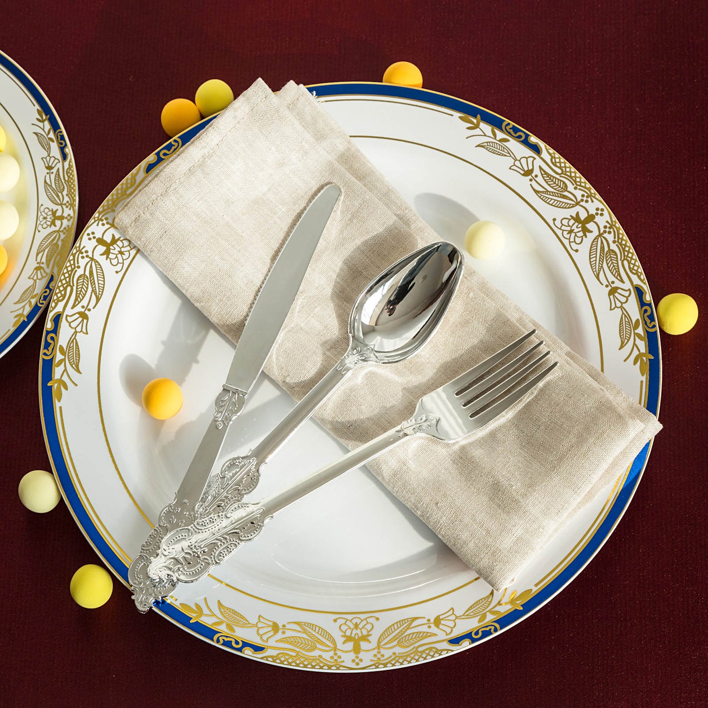 24 Pack | Metallic Silver Baroque Style Heavy Duty Plastic Silverware Set