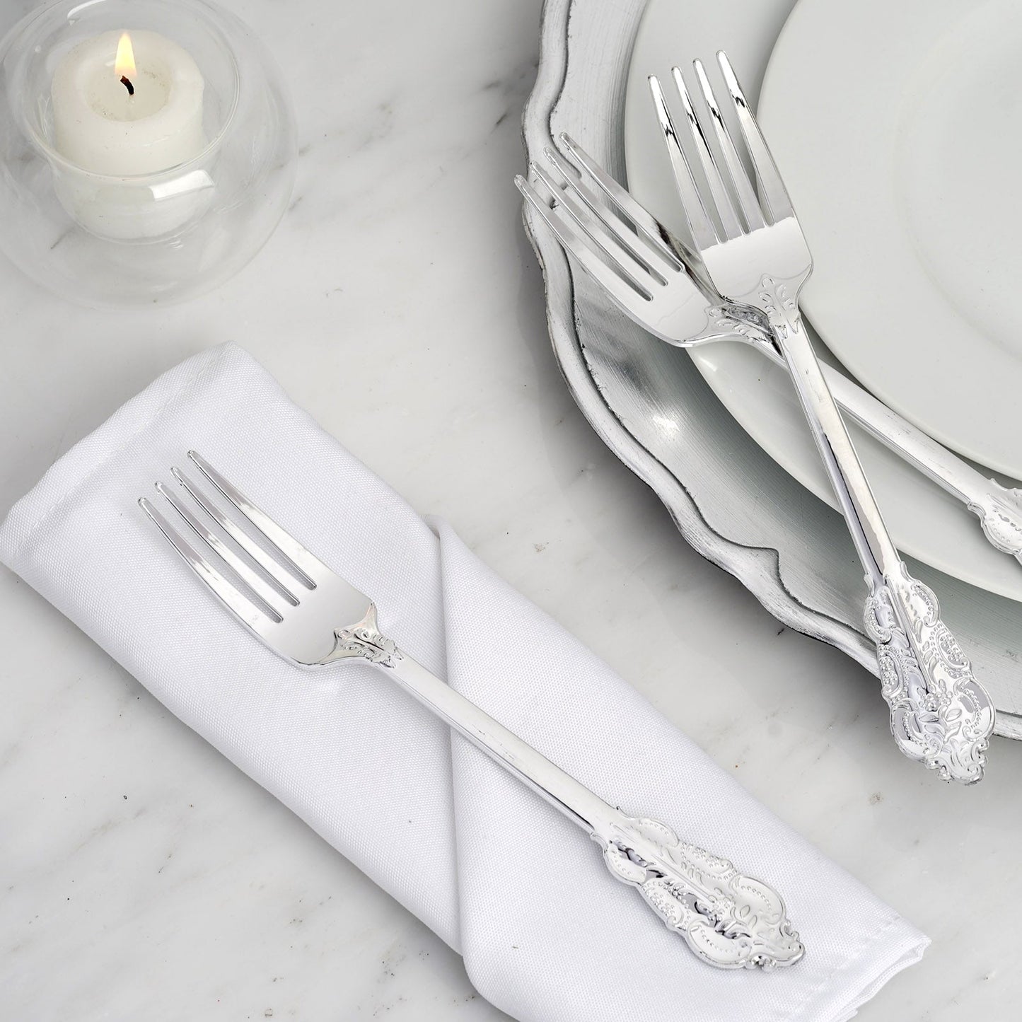 24 Pack | Metallic Silver 8" Baroque Style Heavy Duty Plastic Forks
