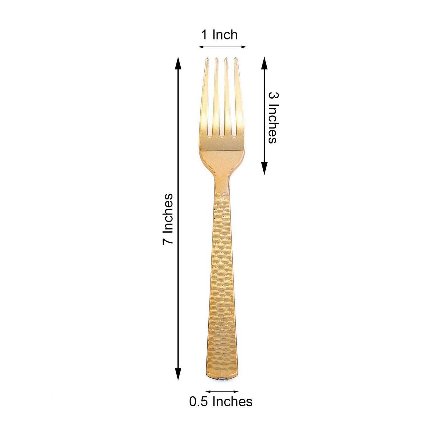 Gold hammered style heavy-duty plastic fork, 7 inches long.