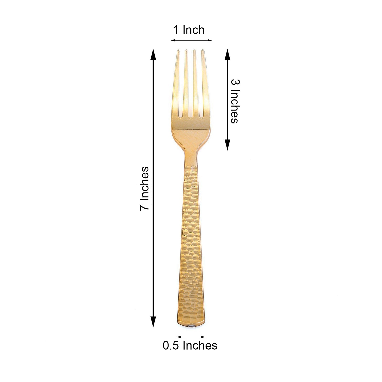 Gold hammered style heavy-duty plastic fork, 7 inches long.