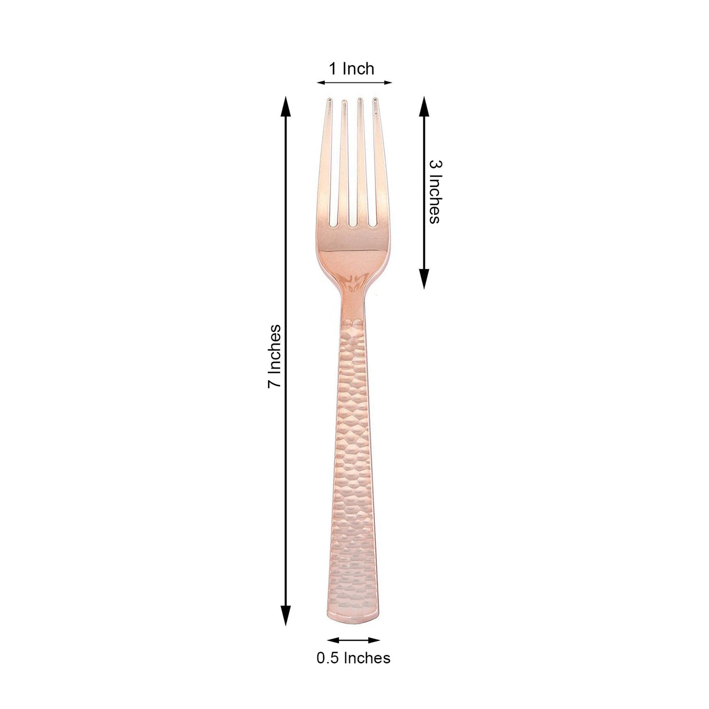 Rose gold heavy-duty plastic fork, 7 inches, hammered style, 24-pack.